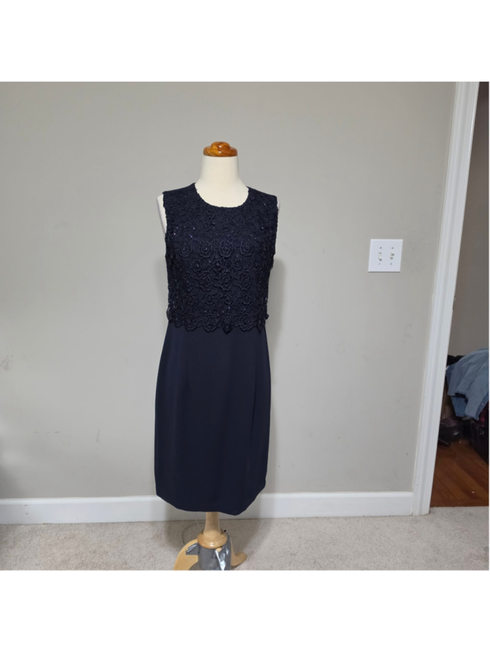 After Dark Navy Beaded Lace Sheath Dress Size 8